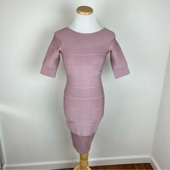 Herve Leger Paris Icon Off The Shoulder Bandage Dress Pink Size XS - Picture 3 of 11